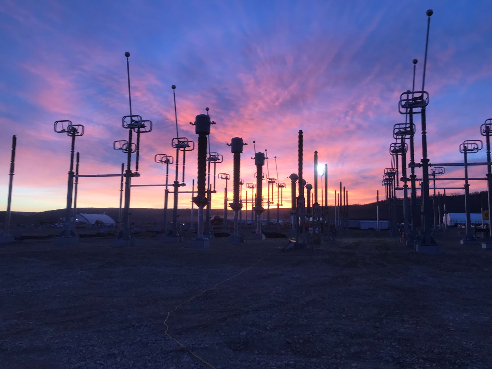 A substation yard at sunset